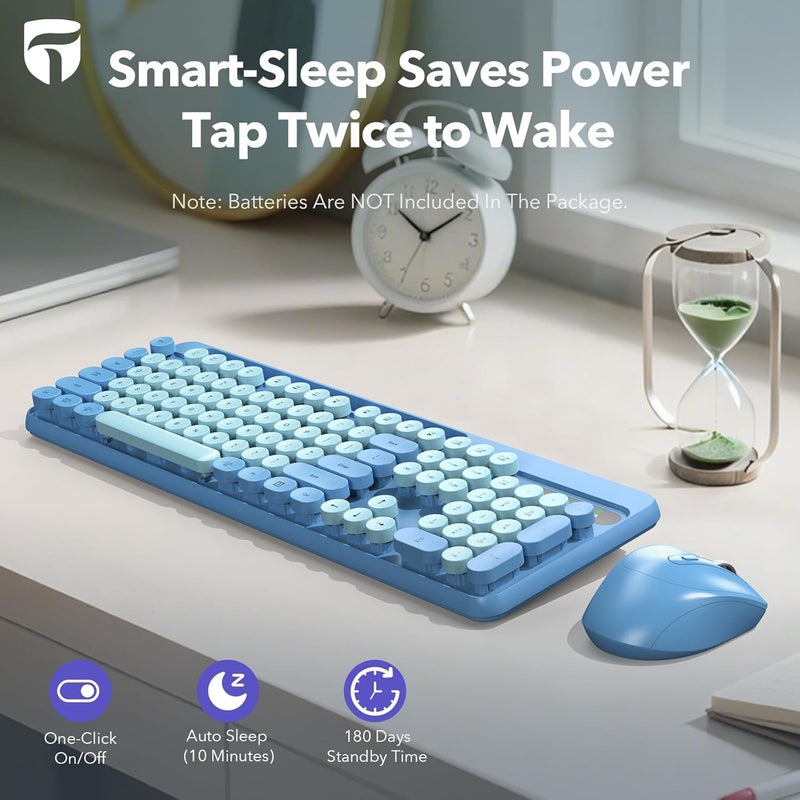 Trueque Wireless Keyboard and Mouse Combo, Retro Round Keycaps, Full-Size Cute Typewriter Keyboard with Large Phone/Tablet Holder, Auto-Sleep, 2.4GHz Cordless Connection for Windows/PC/Laptop (Sky Blue) - Image 5